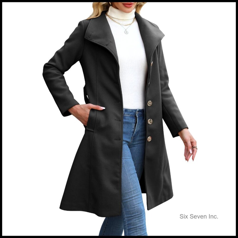 Wool Blend Pea Coat With Belt, Stand Collar, Slim Fit Trench